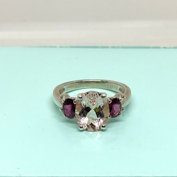 Sterling Silver-Multi-Gemstone Garnets & Pink Ring-Size 7 - Picture 1 of 7